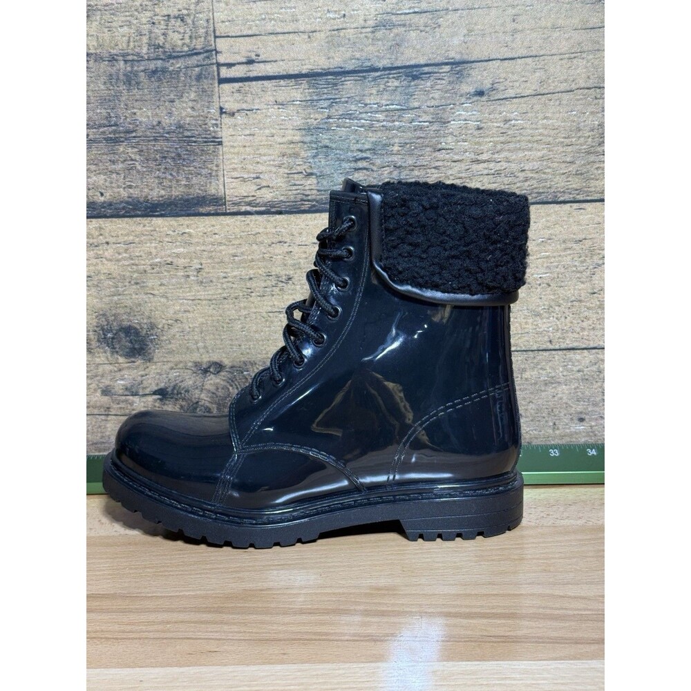 Kenneth Cole Reaction Black Rain Lace Up Cozy Lug Sole Rain Boots Women’s Size 8